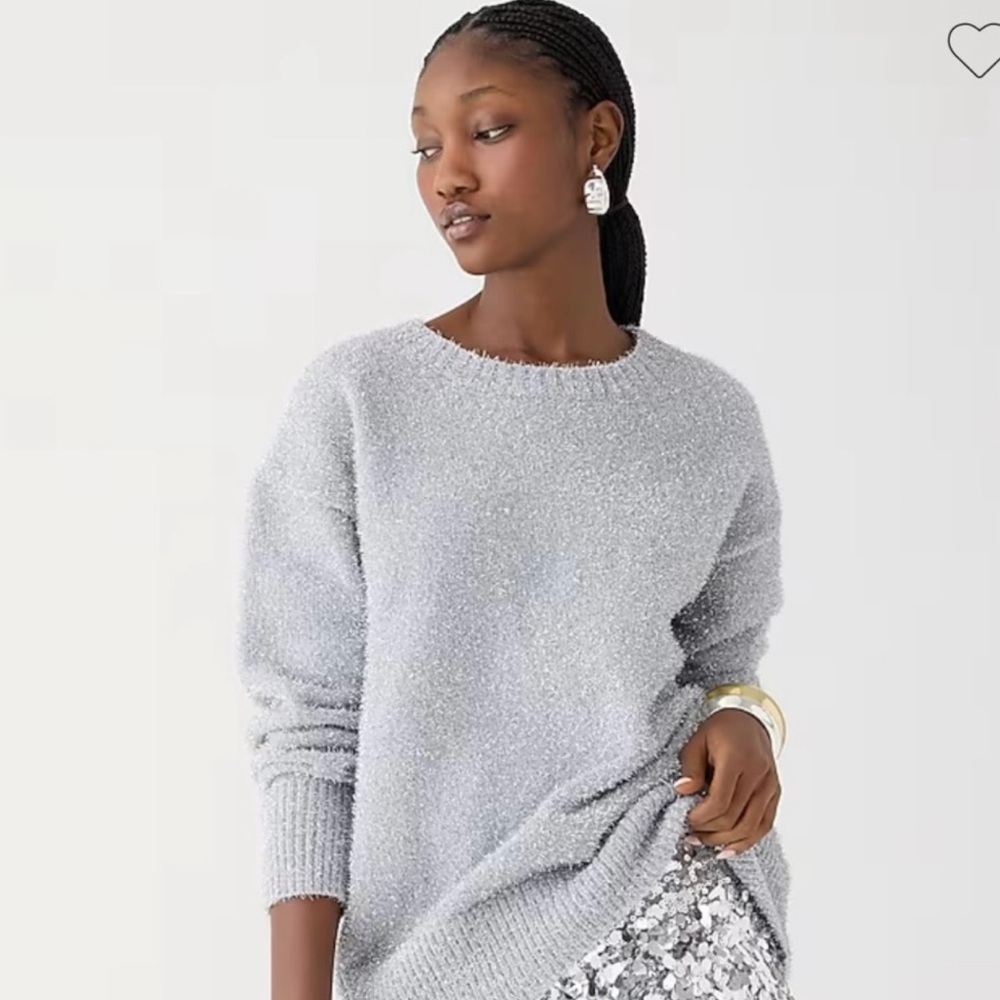 NWT New J. Crew Silver Long Sleeve Crewneck Sweater Metallic tinsel brushed yarn